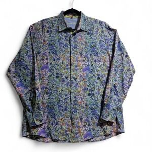 Visconti Black Mens XL Floral Button Up Shirt Blue Multi Cotton Long Sleeve